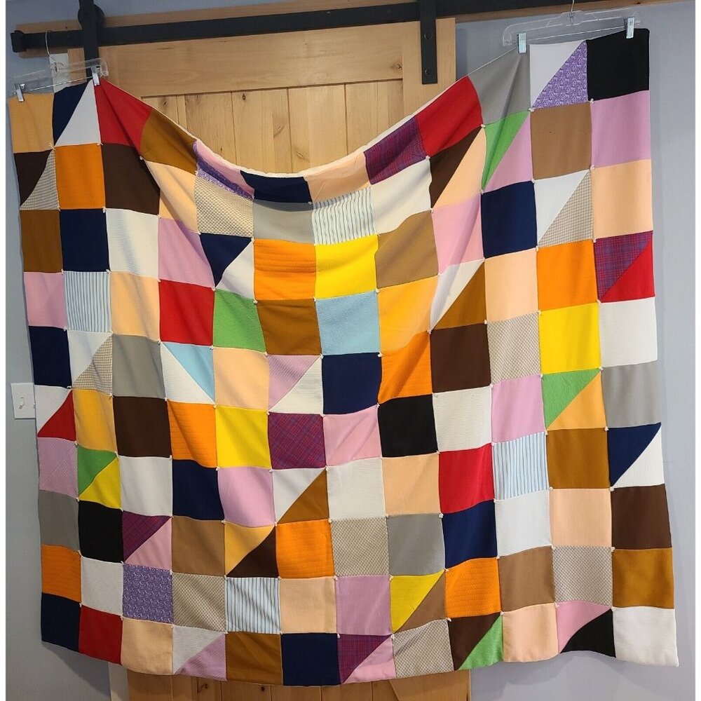 Vtg 1970s HANDMADE QUILT app 69"x77" Twin? Boho Hippie Textured Bright Squares